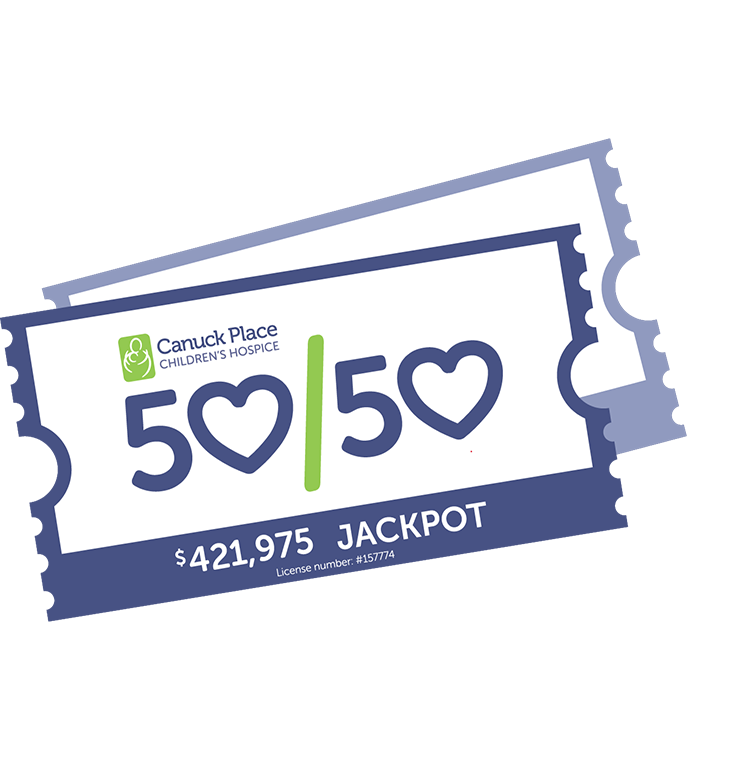 Illustration of two overlapping raffle tickets featuring the Canuck Place Children’s Hospice 50/50 draw. The design includes the Canuck Place logo, the numbers ‘50 / 50’ with heart symbols in place of the zeros, and a jackpot amount of $421,975. The license number 157774 is displayed at the bottom.